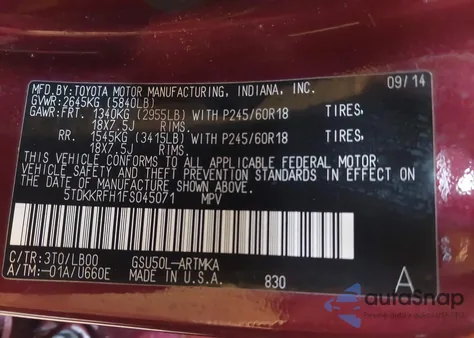 2015 Toyota Highlander Xle V6 из США, поврежденный, VIN 5TDKKRFH1FS045071